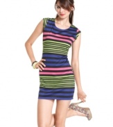 You're so bright: boasting stripes of every color -- plus a hot, curve-lovin' fit -- this cap sleeve dress from BeBop is a smart choice for date-night or hanging with the girls.
