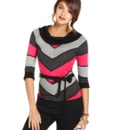 Swap out your usual striped shirt for this fun sweater by BCX. Chevron stripes in contrasting colors, a cowl neckline and a removable belt add shape and dimension to your style!