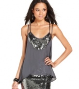 Glam up your evening with this sultry top from Baby Phat! Pretty sequins adorn the soft, sheer fabric for a fabulous night-out look!