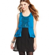 This colorblocked dress by Angie features elegant sequined embellishments and a cute peplum waist! Pair it with chic accessories for more flair.