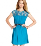 From the prim lace yoke to the bow-belted waist, sweet details make this cap sleeve dress from BeBop a top daytime style.