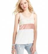 6 Degrees refreshes the every day tank with crochet-knit and satin paneling! Pair the top with your grittiest jeans for a look that interplays sweet style with rugged charm.