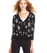 Layer your tees and skinny jeans with star style (literally!) Confess' super-cute, three-quarter sleeve cardi features a constellation of metallic stars.