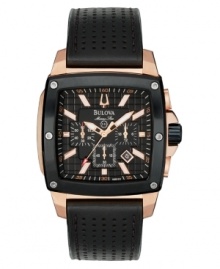 Designed to mesmerize. This Bulova watch features a perforated black leather strap and rose goldtone stainless steel case. Textured black chronograph dial with rose goldtone applied stick indices, logo, date window and three subdials. Quartz  movement. Water resistant to 100 meters. Three-year limited warranty.