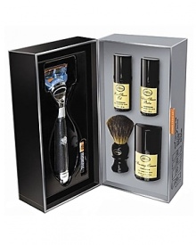 The Fusion Chrome Power Shave Collection features the world's most technologically advanced razor and includes bonus travel sizes of The 4 Elements of the Perfect Shave®: pre-shave oil (1 oz.), shaving cream (1.7 oz.), genuine badger shaving brush and after-shave balm (1 oz.), packaged in an elegant gift presentation.A $200 value. The Fusion Chrome Power Shave Collection features the world's most technologically advanced razor and includes bonus travel sizes of The 4 Elements of the Perfect Shave®: pre-shave oil (1 oz.), shaving cream (1.7 oz.), genuine badger shaving brush and after-shave balm (1 oz.), packaged in an elegant gift presentation.A $200 value.
