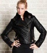 Make a statement in this edgy faux-leather cropped moto jacket from Baby Phat! A chic removable faux-fur collar, on-trend quilting, and sleek buckle and zipper accents create a spellbinding look fit for the fiercest of chicks!