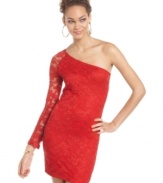 Romantic lace goes downtown -- a one-sleeved, curve-hugging dress from Jump is just the thing to turn heads at the club!