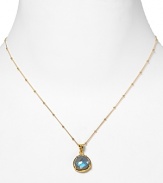 This haute bohemian pendant necklace from Coralia Leets charms with rich texture and hue. The gleaming gold setting sets off a luxe labradorite stone.