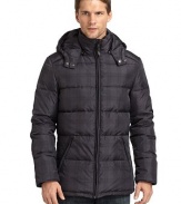 THE LOOKStand collarRemovable hood with snap throat tabZip frontZip slash pocketsKnit storm cuffsElbow patch detailSubtle, allover plaid patternTHE FITAbout 27 from shoulder to hemTHE MATERIALShell: 90% polyester/10% woolFill: 80/20 duck downFully linedCARE & ORIGINDry clean Imported