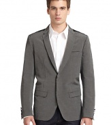 THE LOOKAllover stripe printWelt pocket at chestTwo-button closureLong sleeves with button cuffsFlap pocketsSatin backVented back hemInner welt pocketsTHE FITAbout 27 from shoulder to hemTHE MATERIAL65% cotton/35% rayonSecond fabric: 68% polyamide/32% silkFully linedCARE & ORIGINDry cleanMade in Italy