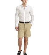 THE LOOKFlat frontMid-width waistband with belt loops and hook-and-eye closureFront zipperSide slash pockets with perforated detailsCuffed hemBack flap pocket with pin closureTHE FITRise, about 10Inseam, about 7½THE MATERIAL50% cotton/50% ramieCARE & ORIGINMachine wash or dry cleanMade in Italy