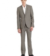 JACKETPadded shouldersWelt pocket at chestOne-button frontLong sleeves with button cuffsFlap pocketsVented back hemInner zip and welt pocketsAbout 25 from shoulder to hemPANTSFlat frontButton fly with double bar closureWaistband with belt loopsVertical welt pocketsBack welt pockets with button closuresUnfinished hemRise, about 8Inseam