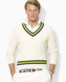 Accented with preppy stripes for an athletic-inspired finish, a classic cricket sweater is cable-knit from plush Pima cotton yarns for an ultra-soft hand. Accented with preppy stripes for an athletic-inspired finish, a classic cricket sweater is cable-knit from plush Pima cotton yarns for an ultra-soft hand.