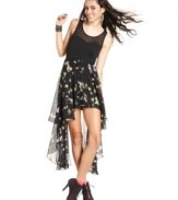Turn-up the cool dial on your party style with this dress from Material Girl. A floaty, printed overlay adds unexpected contrast to this super-fitted mini dress.