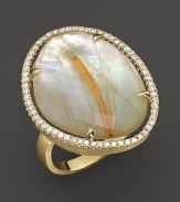 Diamonds circle a faceted rutilated quartz and mother-of-pearl doublet in an 18K yellow gold band. By Di Massima.
