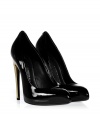 Add a kick of hard-edge glamour to your outfit with Giuseppe Zanottis ultra sleek patent leather pumps - Pointed toe, angular gold-toned stiletto heel, overlasted hidden wafer platform - Wear with everything from leather leggings and blazers to cocktail dresses and fur coats