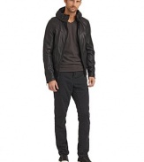THE LOOKZip-out hood with drawstring closure and quick release bucklesZip-front styleLong sleeves with zip cuffsSeamed detailing, front and backDual front welt pocketsElastic ribbed knit hemInterior welt pocketTHE MATERIALShell: leatherHood/body lining: cottonRibbed knit/sleeve lining: polyesterCARE & ORIGINDry clean by a leather specialistImported