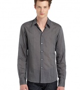 THE LOOKSuper slim fit silhouetteContrasting stripe designShirt collarFront button closure Long button cuff sleeves Shirttail hemBack yoke and seam detailsTHE MATERIAL78% cotton/22% silkCARE & ORIGINHand washMade in Italy