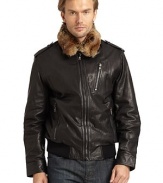 THE LOOKRemovable plush rabbit fur collarSpread leather collar with snap tabEpaulettesFront zipperThree front zip pocketsLong sleeves with snap cuffs and seamed elbow patchesGrommet detailsElastic rib-knit hemInside zip pocketTHE FITAbout 29 from shoulder to hemTHE MATERIALShell: leatherFill: polyesterFully linedDyed sheared rabbit furCARE & ORIGINDry clean by a leather specialistImportedFur origin: China