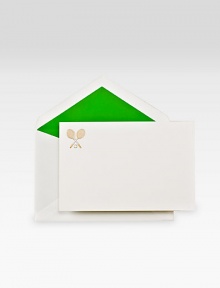 For the pro or aficionado, this set of 15 cotton cards features a gilded, hand-engraved tennis theme. Kelly green-lined envelopes offer a bright touch to the set. Perfect gift idea4.25W X 6.4HMade in USA For the pro or aficionado, this set of 15 cotton cards features a gilded, hand-engraved tennis theme. Kelly green-lined envelopes offer a bright touch to the set. Perfect gift idea4.25W X 6.4HMade in USA