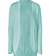Super soft in a delicious shade of water mint, Steffen Schrauts open cardigan is an effortless choice for causal looks - Rolled shawl collar, long sleeves, open front with curved hem - Fitted - Wear with a tissue tee, skinnies and flats