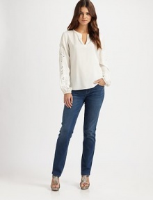 From top to bottom this airy design exemplifies feminine charm, thanks to a gorgeous scalloped neckline and whimsical sleeves.Pretty v-necklineGathered long sleevesAbout 25 from shoulder to hem95% silk/5% elastaneDry cleanImported of Italian fabric Model shown is 5'9½ (176cm) wearing US size Small. From top to bottom this airy design exemplifies feminine charm, thanks to a gorgeous scalloped neckline and whimsical sleeves.Pretty v-necklineGathered long sleevesAbout 25 from shoulder to hem95% silk/5% elastaneDry cleanImported of Italian fabric Model shown is 5'9½ (176cm) wearing US size Small.