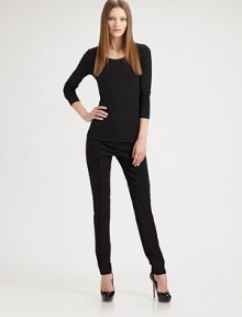The perfect tee: soft, finespun modal, accented with sleek faux leather trim and a signature punto dot patch.Faux leather-trimmed scoopneckLong sleevesSignature punto dot patch95% modal/5% elastaneDry cleanImported of Swiss fabricModel shown is 5'9½ (176cm) wearing US size 4. The perfect tee: soft, finespun modal, accented with sleek faux leather trim and a signature punto dot patch.Faux leather-trimmed scoopneckLong sleevesSignature punto dot patch95% modal/5% elastaneDry cleanImported of Swiss fabricModel shown is 5'9½ (176cm) wearing US size 4.