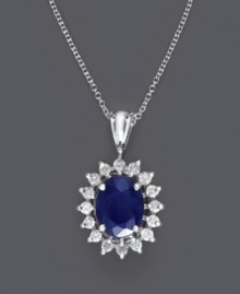Unparalleled glamour. Effy Collection's intricate oval-shaped pendant features a brilliant sapphire (2 ct. t.w.) surrounded by sparkling diamonds (3/8 ct. t.w.). Set in 14k white gold. Approximate length: 18 inches. Approximate drop: 3/4 inch. Unparalleled glamour. Effy Collection's intricate oval-shaped pendant features a brilliant sapphire (2 ct. t.w.) surrounded by sparkling diamonds (3/8 ct. t.w.). Set in 14k white gold. Approximate length: 18 inches. Approximate drop: 3/4 inch.