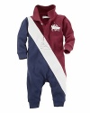 Rugby detailing and a colorful banner stripe give authentic sporting style to a breathable cotton mesh coverall.
