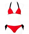 Philip Lim brings minimalistic modernity to the classic bikini with a streamlined cut and clean details - Triangle top with thick contrasting halter strap, contrasting rim, bottom with side ribbon detail - Style with a sheer caftan, high heel sandals, and a floppy hat