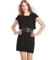 Rock your curves in this sweet and edgy little black dress by XOXO. Cinched in at the waist with a faux leather belt, this peasant-style must-have pops when paired with brightly colored tights.