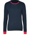 Work a cool colorblock into your knitwear collection with Marc by Marc Jacobs luxe modern iteration in a super soft mix of silk, cotton and cashmere - Round neckline with red trim, long sleeves, red cuffs, fine ribbed trim, red trim on back hemline - Slim fit - Wear with slim fit trousers and leather boots