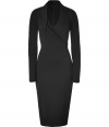 Work a modern edge into your Little Black Dress collection with Donna Karans ultra contemporary mixed-media asymmetrical sheath - V-neckline, long sleeves, mixed-media patchworked seaming, hidden back zip, kick pleat - Form-fitting - Wear with shimmering fine jewelry and sleek black accessories