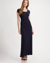 A comfortable, easy-to-wear maxi dress made pf soft-stretch material for a fitted silhouette. ScoopneckShort cap sleevesAllover horizontal stripesSolid trim at neckline and cuffsAbout 56¼ from natural waist96% lyocell/4% spandexMachine washImportedModel shown is 5'10 (177cm) wearing US size Small.