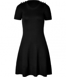 Spike-detailed shoulders impart subtle edge to this ultra-chic knit dress from McQ Alexander McQueen - Round neck, short sleeves, fitted bodice, full skirt with cable knit detail and ribbed hem - Wear with a sleek trench, a studded clutch, and platform wedge booties