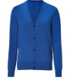 Preppy-chic is all over this cornflower blue cardigan in fine virgin wool - Wonderful soft, warm and versatile - Classic cut with deep v-neck, long cuffed sleeves and contrasting half-placket - Wear to the office over a favorite tee and dark jeans or khakis