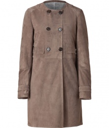 With a dusting of exquisitely luxurious cocoa-colored suede, Brunello Cucinellis double-breasted coat lends an immaculate polish to every outfit - Collarless, long sleeves, belted cuffs, double-breasted button-down front, side slit pockets, back sash, grey heather jersey lining - Tailored fit - Wear with leather leggings, a crisp button-down and ankle boots With a dusting of exquisitely luxurious cocoa-colored suede, Brunello Cucinellis double-breasted coat lends an immaculate polish to every outfit - Collarless, long sleeves, belted cuffs, double-breasted button-down front, side slit pockets, back sash, grey heather jersey lining - Tailored fit - Wear with leather leggings, a crisp button-down and ankle boots