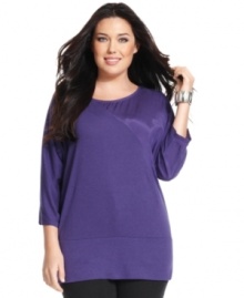 A satin inset lends a chic feel to DKNY Jeans' three-quarter-sleeve plus size top.