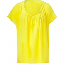 Stylish top in fine, pure lemon yellow silk - Super-soft, lightweight fabric drapes like a dream - Chic smocked style with short sleeves and round, gathered neckline - Gentle pleating throughout bodice - An elegant, versatile basic in a vibrant shade - Dress up with a cropped jacket, pencil skirt and peep toe pumps, or go for a more casual look with skinny denim and sandals