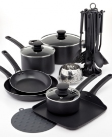 A family favorite! Make meals to feed the masses with this comprehensive set of aluminum crafted cookware that heats quickly, evenly and like a real pro. A nonstick, dishwasher-safe finish welcomes low-fat, hassle-free cooking into your kitchen, while a stocked utensil holder covers all the bases of prep. Lifetime warranty. A family favorite! Make meals to feed the masses with this comprehensive set of aluminum crafted cookware that heats quickly, evenly and like a real pro. A nonstick, dishwasher-safe finish welcomes low-fat, hassle-free cooking into your kitchen, while a stocked utensil holder covers all the bases of prep. Lifetime warranty.