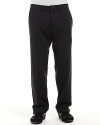 Lightweight stretch, basic wool pants. Flat front straight leg style with zip fly, tab closure. Side slit pockets and back welt pockets. Unlined.