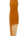 Elegant, avant garde design in cognac - Asymmetric cut, multi-layered and sleeveless - High collar with plunging neckline that transitions into wrap-look draping - Artistic, dramatic piece that makes a statement - Style with clutch, stilettos and minimal jewelry.