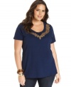 Upgrade your casual style with Lucky Brand Jeans' short sleeve plus size top, highlighted by a beaded neckline.