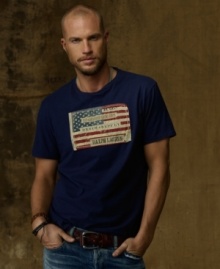 A wear-it-anywhere cotton jersey tee channels a rugged, laid-back vibe with an artfully weathered flag patch at the chest. A wear-it-anywhere cotton jersey tee channels a rugged, laid-back vibe with an artfully weathered flag patch at the chest.