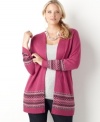 Plus size fashion with a Southwestern vibe. A fairisle pattern charmingly adorns this long sleeve cardigan from Charter Club's collection of plus size clothes, featuring an open front. (Clearance)