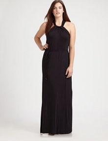 Fit for a goddess, this jersey maxi dress features a feminine, halter neckline. You will find the self-tie belt beyond flattering as it defines your waist.Halter necklinePull-on styleSelf-tie beltCord endsAbout 58 from shoulder to hem95% modal/5% elastaneHand washImported