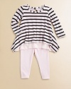 She'll look precious in this striped casual set with matching soft leggings. CrewneckLong sleevesStriped overlayElastic waistbandBack button closureBody: polyester/supima cotton/micro modalTrim: pima cotton/modal/spandexMachine washImported