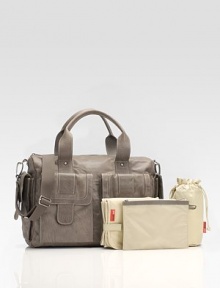 A sumptuous leather diaper bag for sophisticated moms and dads, includes a thermo-insulated bottle holder, padded changing mat and wipe clean lining.Shoulder straps, 8 drop Adjustable crossbody strap, 17-25 drop Top zip closure Five outside magnetic flap pockets One inside zip pocket One inside grip tape pocket Eight inside elastic pockets Acrylic-coated nylon lining 15W X 11H X 6D Imported