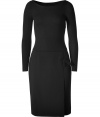 Luxurious dress in fine black wool - Very soft, pleasant quality - Mega trendy two-piece silhouette with a slim top and high-slit skirt (wrap look) - Wide ballet neck, long sleeves and figure-flattering, accentuated waist - Skirt in a professional thigh length - A favorite dress for the office and afterwards - With elegant pumps or cool booties