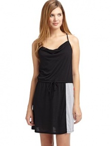 THE LOOKColorblock panelsDraped cowlneckDrawstring tie at waistTHE FITAbout 35 from shoulder to hemTHE MATERIALPolyester/rayonCARE & ORIGINMachine washImportedModel shown is 5'10 (177cm) wearing US size Small. 